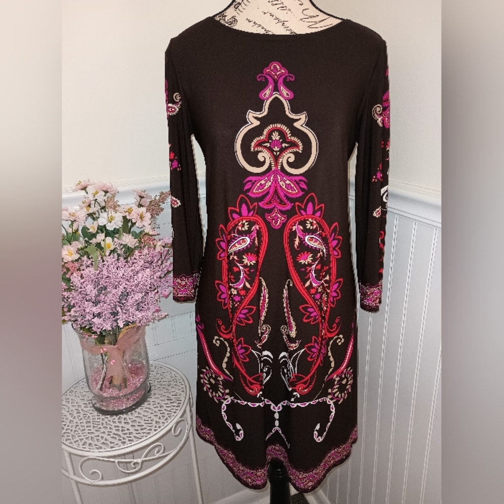 London Times Women's Brown Mini Dress Size 6 3/4 Sleeves